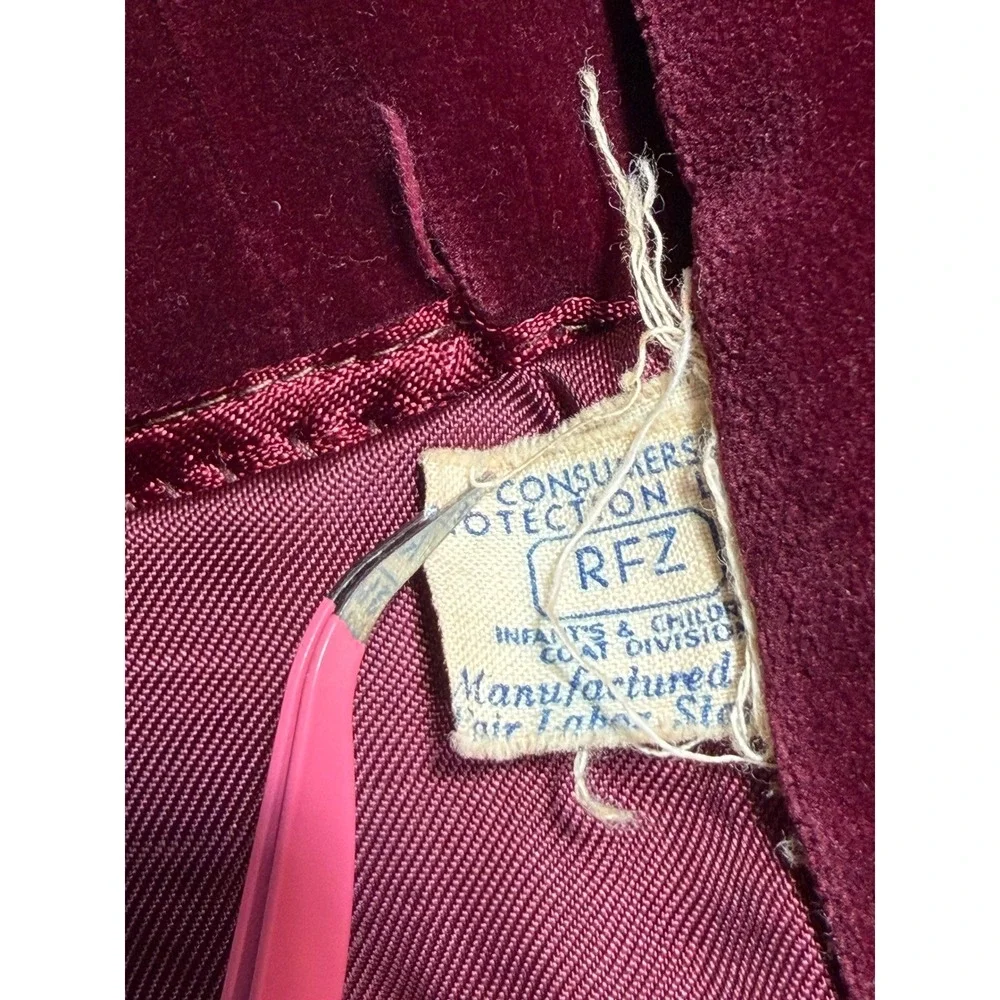 Vintage 1950s Burgundy Velvet Kids 3pc Snowsuit Set Coat Pants‎ Bonnet Fur Trim
